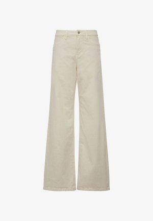 Beige weite Hose aus Baumwolle mit höherer Taille, Frontknopfverschluss und klassischem Fünf-Taschen-Design. Sauberer, glatter Textur.
