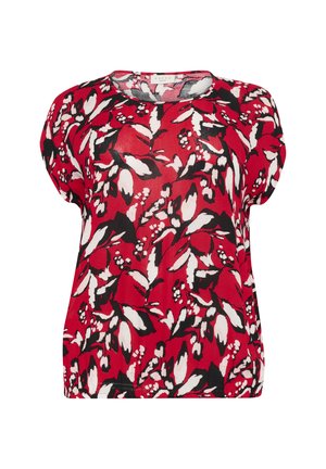 Red floral-patterned blouse with a loose fit, short sleeves, and round neckline. Features black and white leaf designs on a sheer fabric.