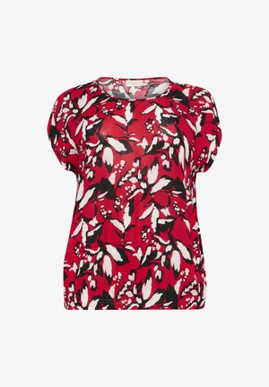 Red floral-patterned blouse with a loose fit, short sleeves, and round neckline. Features black and white leaf designs on a sheer fabric.