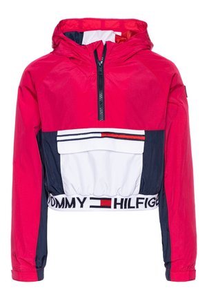 Rød, marineblå og hvid hættetrøjejakke med halv lynlås foran, elastisk talje med "Tommy Hilfiger"-logo og farveblokdesign.