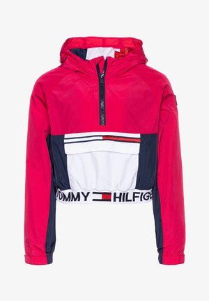 Czerwona, granatowa i biała kurtka z kapturem, z półzamkiem z przodu, elastyczną talią z logo "Tommy Hilfiger" i wzorem w kolorowe bloki.