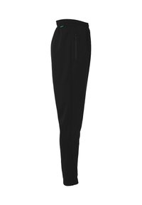 Pantalones deportivos negros con un diseño ajustado, cintura elástica y bolsillos laterales con cremallera. Fabricados en una tela suave y ligera.