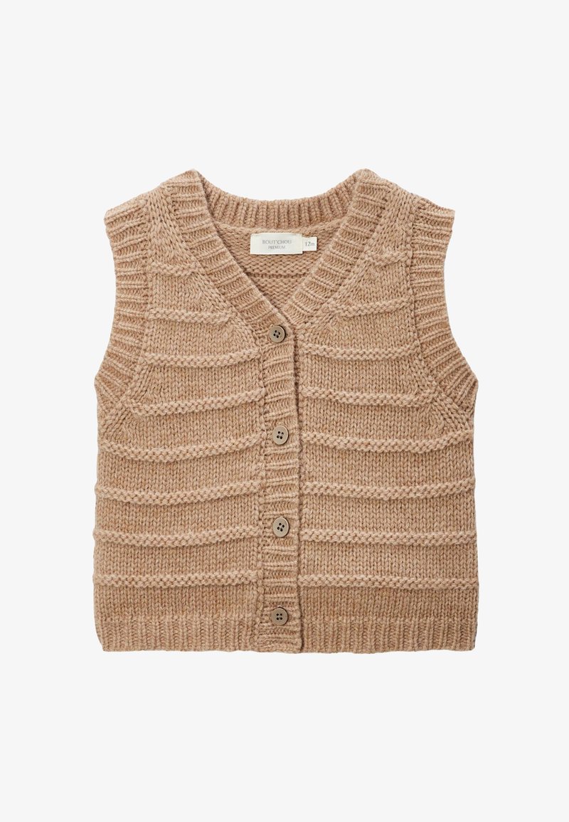Gilet en beige tricoté avec un motif de rayures texturées, en col en V, et cinq boutons en bois sur le devant. Fil doux et épais avec un ourlet côtelé.