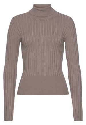 Jersey de punto acanalado color topo con cuello alto, mangas largas y cintura ajustada.