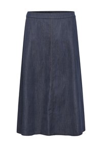 O fustă din denim de culoare albastru închis, cu o siluetă dreaptă, de lungime medie, având un brâu și detalii de cusătură subtile. Nu sunt vizibile buzunare.