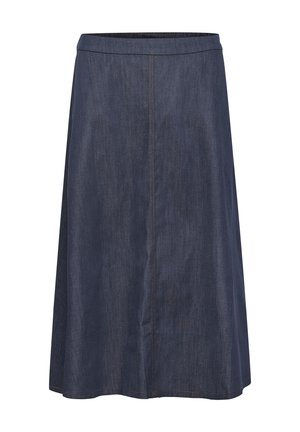 Une jupe en denim bleu foncé avec une silhouette droite, de longueur mi-longue, dotée d'une taille et de détails de couture subtils. Pas de poches visibles.