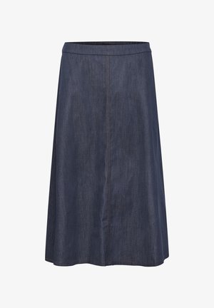 Sötétkék farmer szoknya egyenes sziluettel, középhosszú, övvel és finom varrási részletekkel. Zsebek nem láthatók.