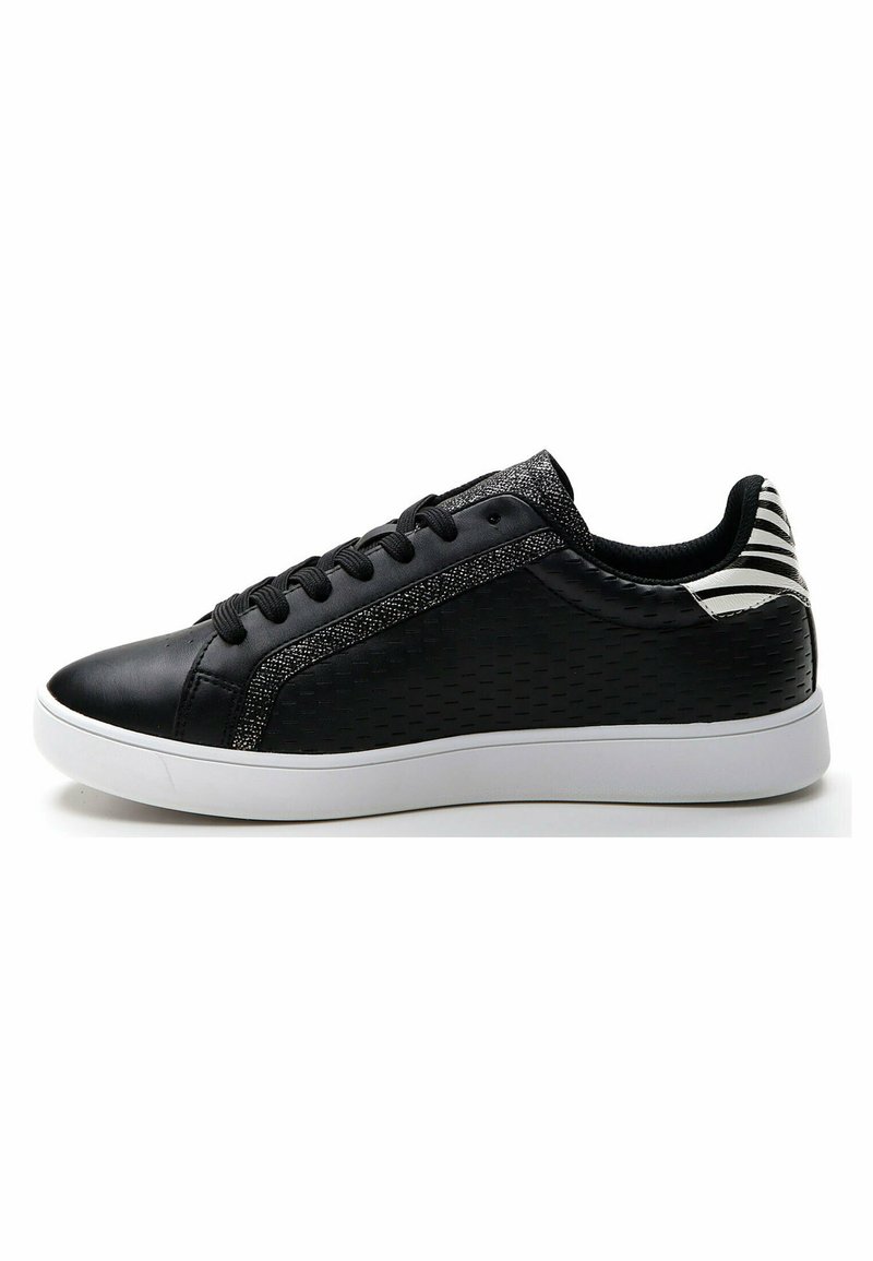 Black sneakers with leather and perforated material, featuring a textured side panel and metallic accents, and a white rubber sole.