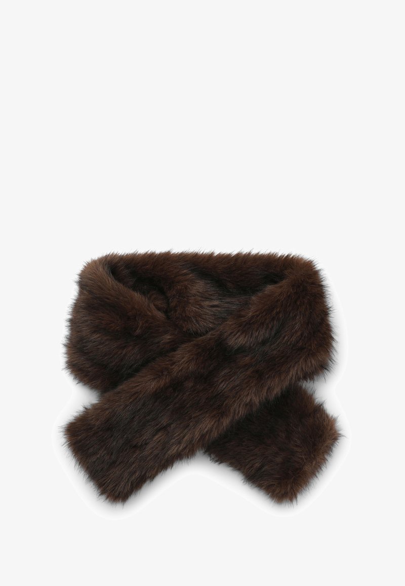 Scaldacollo in finta pelliccia marrone, texture morbida, design spesso, si avvolge con un bordo leggermente irregolare, caratterizzato da un aspetto denso e peloso.