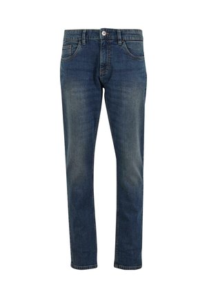 Jeans de mezclilla azul oscuro con un corte recto, cinco bolsillos y un sutil desgaste. Presenta una cintura con pasadores para cinturón y cierre de botón.