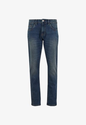 Tamsiai mėlyni džinsai su tiesia kojų forma, penkiomis kišenėmis ir subtiliu blukimu. Yra diržo kilpos juosmuo ir mygtuko uždarymas.