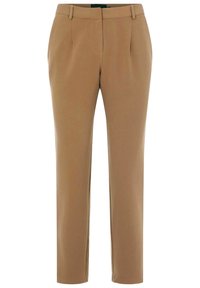 Brązowe spodnie na miarę wykonane z miękkiego materiału. Posiadają płaski przód, dwie boczne kieszenie oraz dopasowany fason.