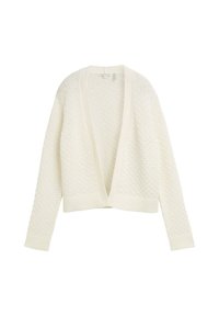 Cardigan bianco lavorato a maglia con un motivo testurizzato, apertura sul davanti e polsini a costine. Realizzato in un tessuto morbido e leggero.