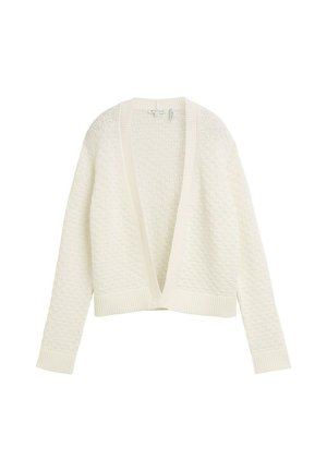 Knitted white cardigan with a textured pattern, open front, and ribbed cuffs. Made of a soft, lightweight fabric.