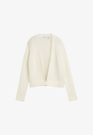 Kootud valge kardigan tekstuuriga mustriga, avatud ees ja ribikätistega. Valmistatud pehmest ja kergest kangast.