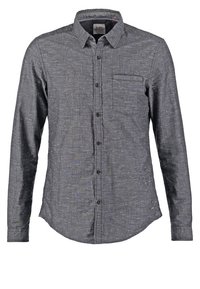 Chemise à manches longues, boutonnée, en tissu gris foncé avec un motif texturé. Dispose d'une poche poitrine et d'un ourlet arrondi.