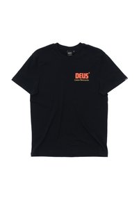 Black cotton t-shirt with short sleeves; features a red logo with "DEUS" and "Custom Motorcycles" text on the left side. Classic crew neck design.