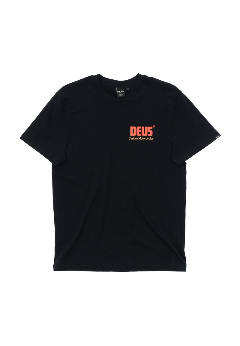 Black cotton t-shirt with short sleeves; features a red logo with "DEUS" and "Custom Motorcycles" text on the left side. Classic crew neck design.