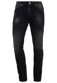 Svart denimjeans med slim fit, med en blekt tvätt, femficksdesign och en synlig metallknappstängning. Hållbart bomullsmaterial.