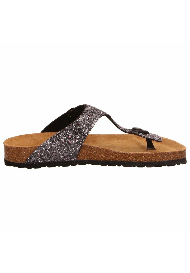 Glittery black sandals with cork sole, crossed straps featuring a sparkling finish, textured footbed, and a small button detail.