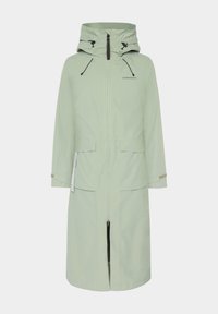Abrigo impermeable verde claro con cremallera frontal, capucha ajustable y dos bolsillos frontales. Cuenta con puños elásticos y un corte relajado.
