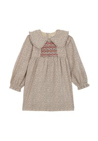 Jasnobeżowa sukienka w kwiatowy wzór z falbankowym kołnierzem i długimi rękawami. Na górze sukienki znajdują się czerwone haftowane akcenty. Wykonana z bawełny.