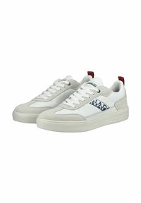 Witte sneakers met grijze suède accenten, vlakke witte veters en een bordeauxrode hielband. Bevat een navy logo aan de zijkant. Rubberen zool.