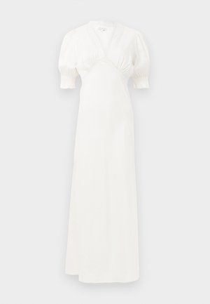Witte maxi-jurk met pofmouwen, diepe V-hals en geplooide taille details. Soepele stof met een subtiele glans. Geen zichtbare sluitingen of patronen.