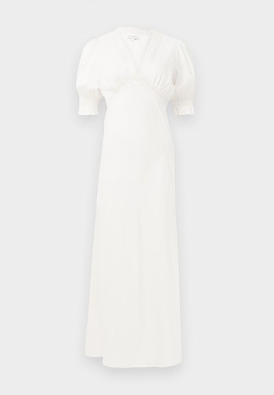 Witte maxi-jurk met pofmouwen, diepe V-hals en geplooide taille details. Soepele stof met een subtiele glans. Geen zichtbare sluitingen of patronen.