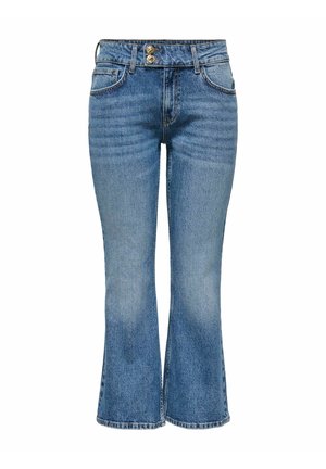 Jean en denim bleu taille haute avec légère évasement en bas, poches avant, passants pour ceinture et deux boutons en laiton visibles à la taille.