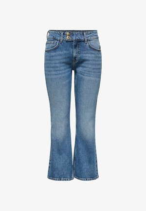 Jeans di denim blu a vita alta con leggero svasamento sul fondo, tasche frontali, passanti per cintura e due bottoni in ottone visibili in vita.