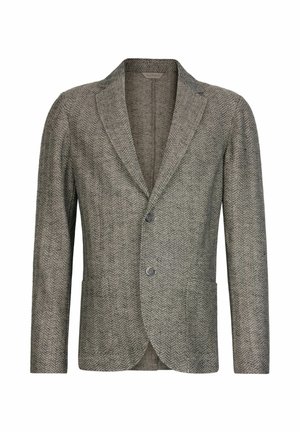 Veste homme grise à chevrons texturée avec revers crantés, deux boutons et poches plaquées à l'avant, présentée sur fond blanc.