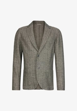 Veste homme grise à chevrons texturée avec revers crantés, deux boutons et poches plaquées à l'avant, présentée sur fond blanc.