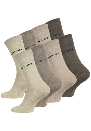 Cinque paia di calzini alla caviglia in tonalità beige e marrone, caratterizzati da una texture liscia e la scritta "COMFORT" stampata in nero sul bordo.