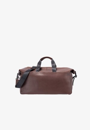 Brown leather duffel bag with a rectangular shape, dual top handles, and adjustable black strap. Features a smooth texture and minimal hardware.