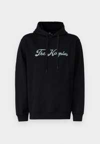 Černá mikina s kapucí, přední kapsou, šňůrkami a logem "The Kooples" v světle šedém písmu přes hruď.