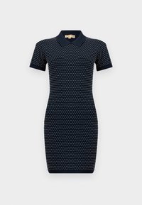 Στενό πλεκτό φόρεμα σε μπλε ναυτικό χρώμα με λευκές πουά και μονόχρωμο μπλε γιακά, εφαρμοστή σιλουέτα, μήκος μέχρι το γόνατο.