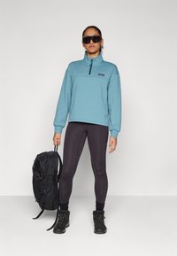 Blaues Fleece-Sweatshirt mit Reißverschluss und grauen Akzenten, kombiniert mit dunklen Leggings und schwarzen, robusten Stiefeln. Das Model hält einen schwarzen Rucksack.