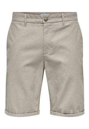 Beige bomulds shorts med et tekstureret mønster, lige snit, enkelt forreste knap og opsmøgdetalje. Har sidelommer og baglommer.