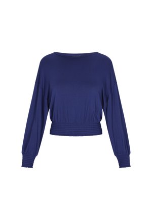 Sudadera recortada de color azul marino con mangas largas, escote redondo y cintura fruncida. Material suave con una textura lisa y con un detalle mínimo.