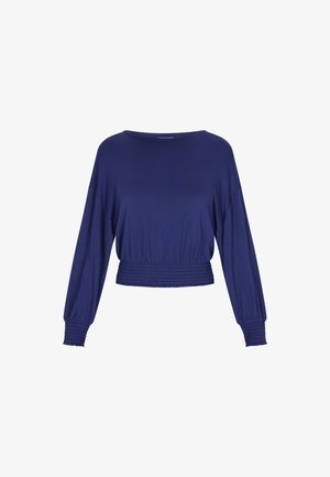 Granatowy, krótki sweatshirt z długimi rękawami, okrągłym dekoltem i marszczonym pasem. Miękki materiał o gładkiej fakturze i minimalnych detalach.