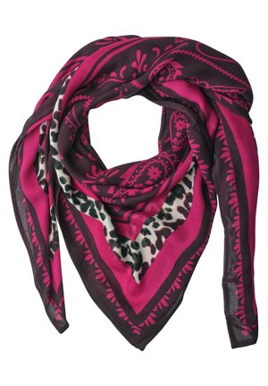 Firkantet tørklæde foldet i en trekant med pink og mørklilla paisley- og leopardmønstre.
