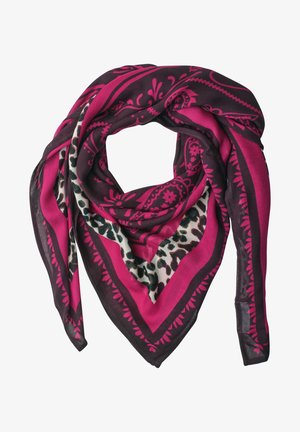 Firkantet tørklæde foldet i en trekant med pink og mørklilla paisley- og leopardmønstre.
