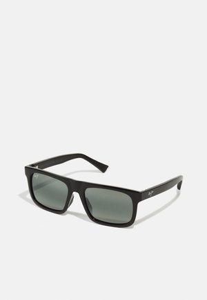 Black rectangular sunglasses with dark lenses. Matte plastic frame. Features subtle logo on the temple. Sleek design with straight arms.