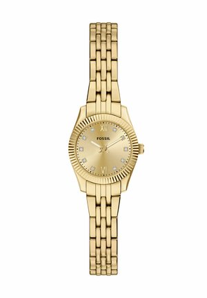 Goldene Fossil-Armbanduhr mit Gliederarmband, rundem Zifferblatt, römischen Ziffern bei 12 und 6, kristallenen Stundenmarkierungen und drei Zeigern.