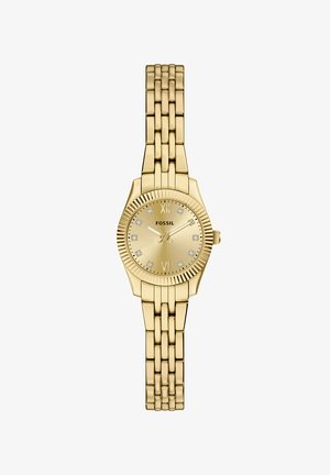 Guldfossil-armbåndsur med kædelink, rund urskive, romertal ved 12 og 6, krystal timeindikatorer og tre visere.