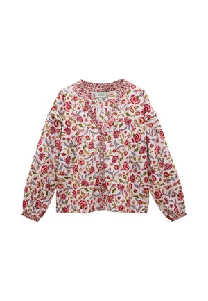 White blouse with floral print in red, pink, and green. Features a v-neck, button closure, and elastic cuffs. Soft, lightweight fabric.