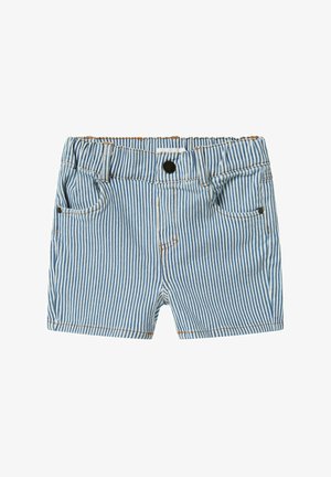 Striped blue and white shorts made from lightweight fabric, featuring a button closure, two front pockets, and visible stitching details.