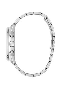 Montre en métal argenté avec un bracelet en maillons, trois boutons latéraux et un fermoir fermé, vue de profil sur un fond blanc.