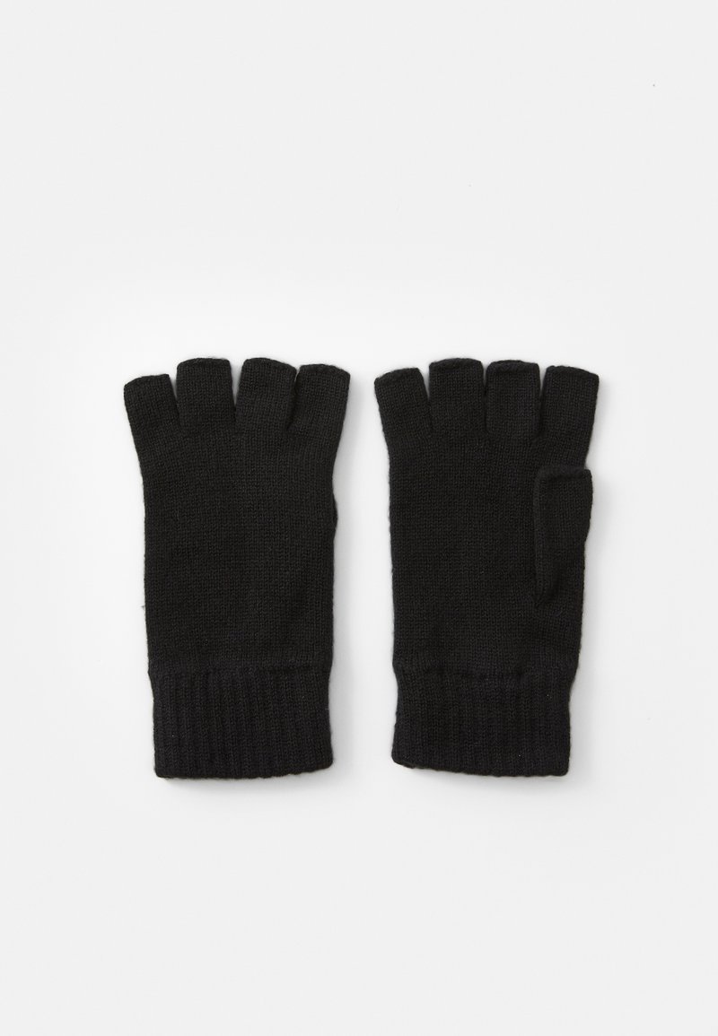Zwarte gebreide vingervrije handschoenen met geribbelde manchetten en een open vingertipsontwerp, gemaakt van een zachte, gestructureerde stof.